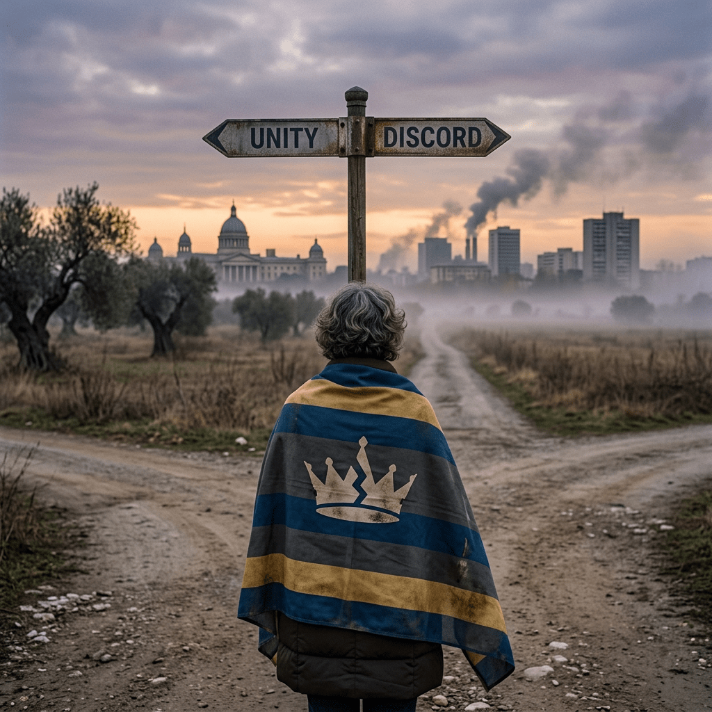 Person wrapped in a flag standing at a forked path with signs pointing Unity and Discord