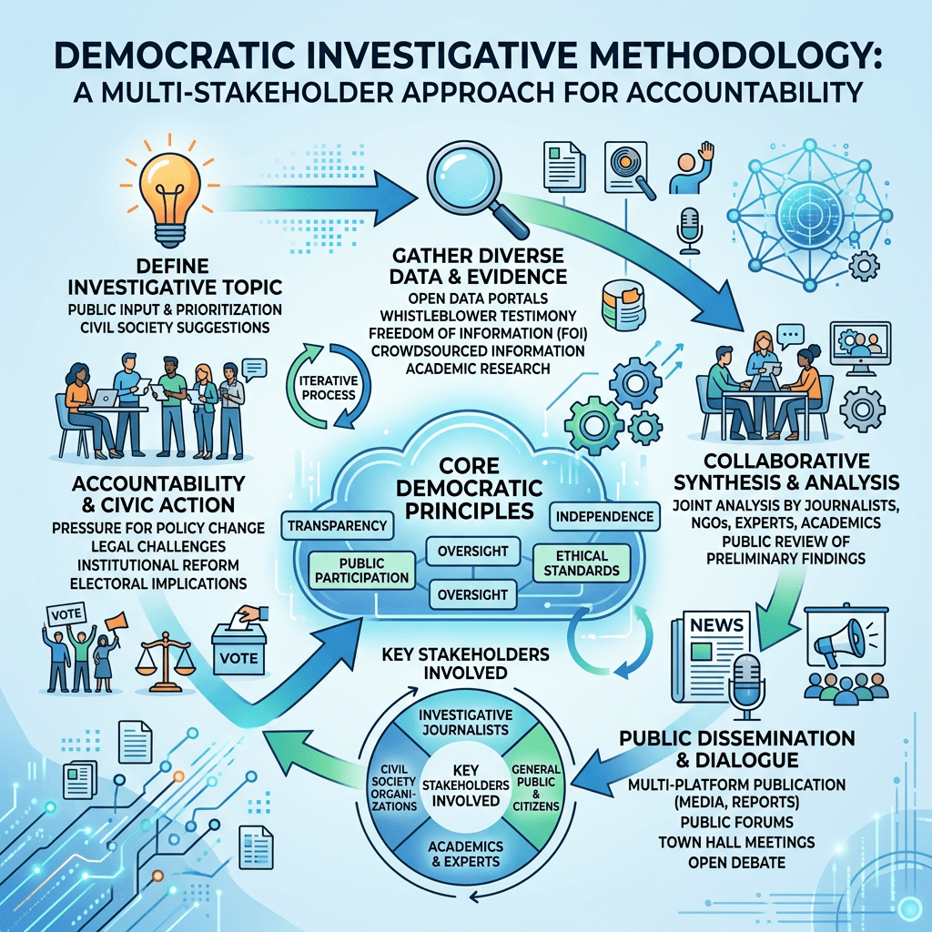 Flowchart showing democratic investigative methodology with steps like defining topic, gathering data, collaborative analysis, public dialogue, and accountability.