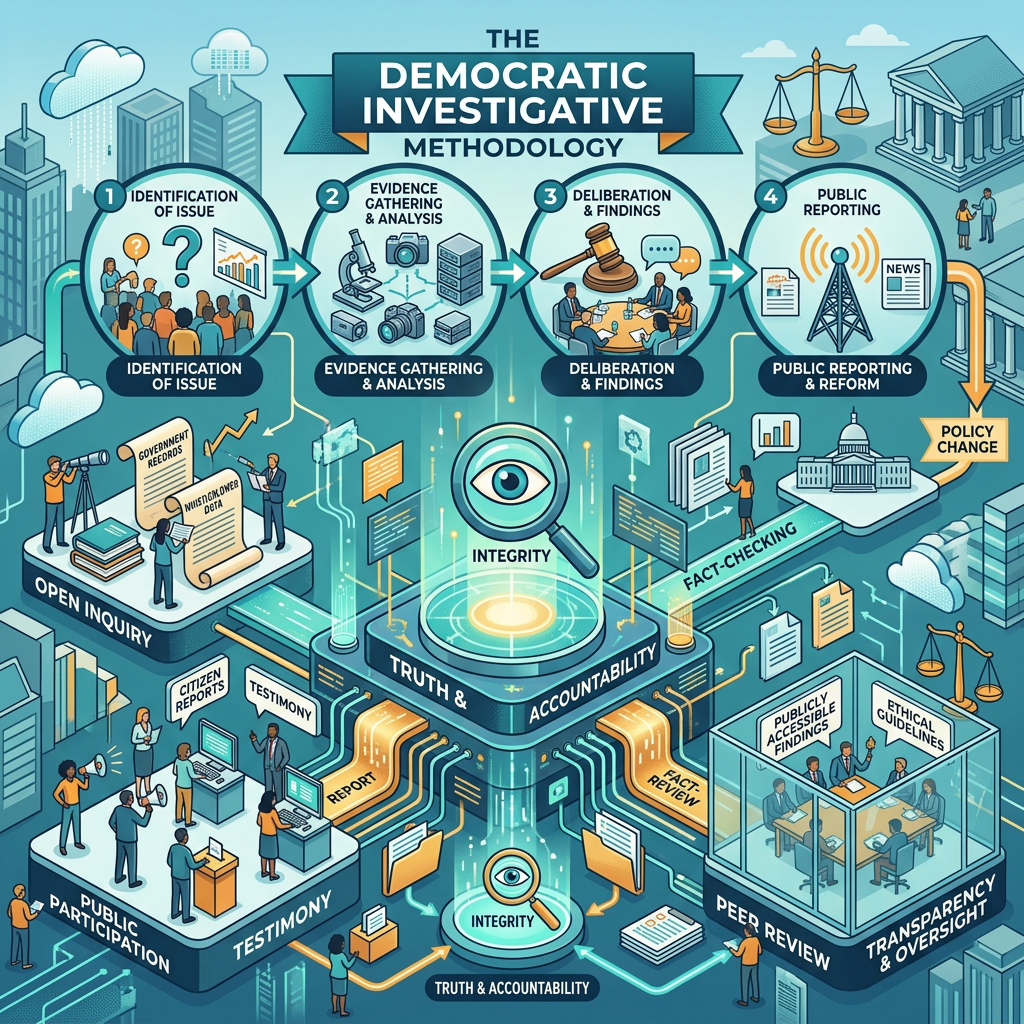 Flowchart showing democratic investigative methodology steps: Identification of Issue, Evidence Gathering and Analysis, Deliberation and Findings, Public Reporting and Reform