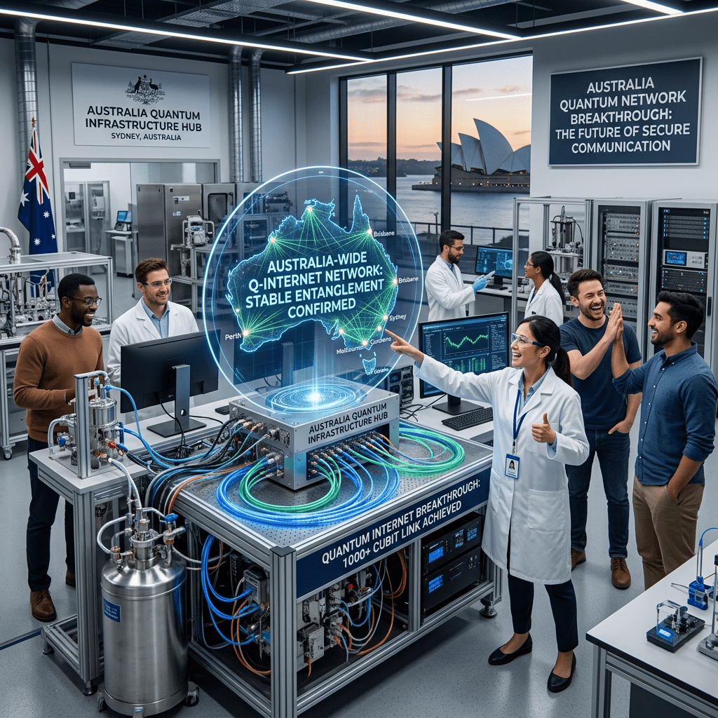 Scientists celebrating stable entanglement confirmation on Australia's quantum network hologram