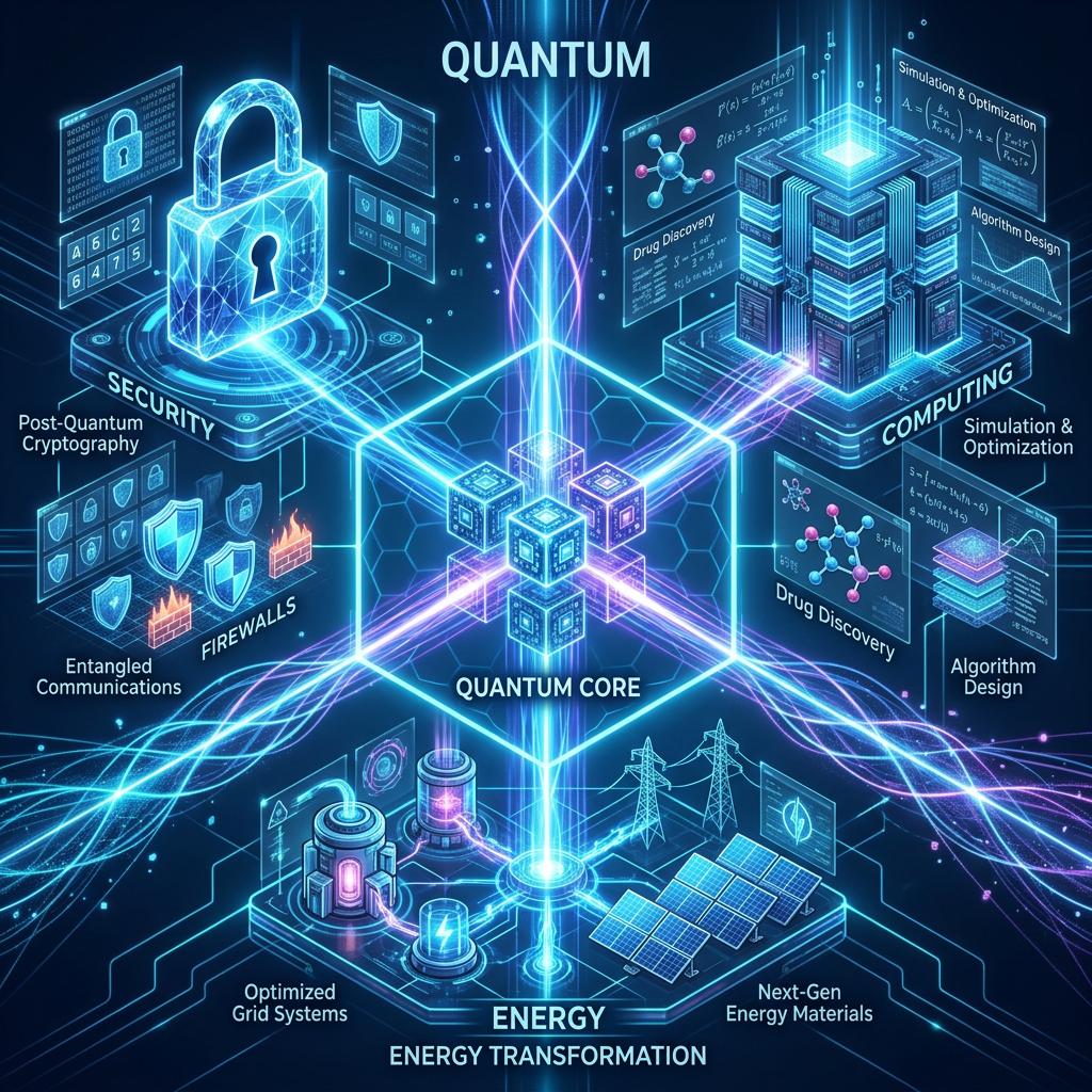 Diagram showing a quantum core connected to security, computing, and energy sectors with key applications