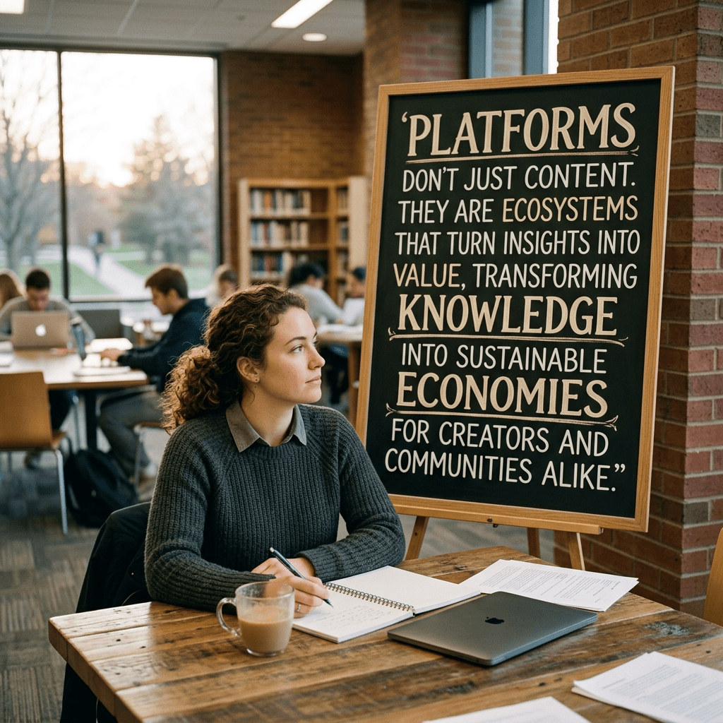 Student sitting at wooden table with notebook, laptop, coffee, and chalkboard quote about platforms and ecosystems