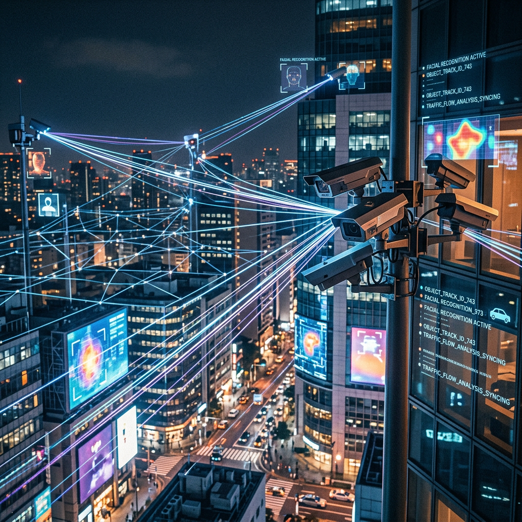 AI surveillance cameras over city with data streams