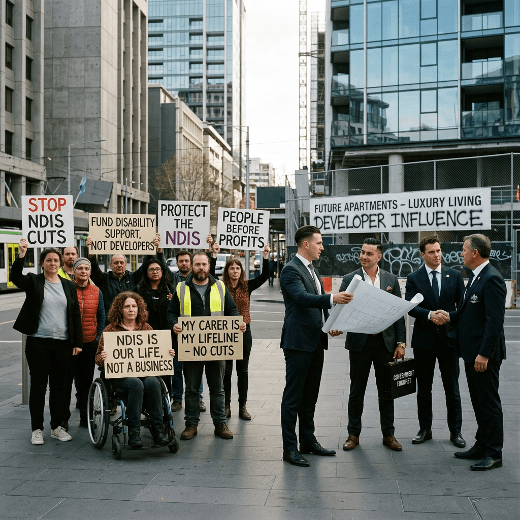 Group protesting NDIS cuts holding signs; developers discussing plans and shaking hands