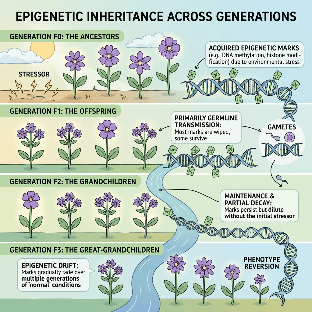 Diagram illustrating epigenetic inheritance from ancestors to great-grandchildren in plants
