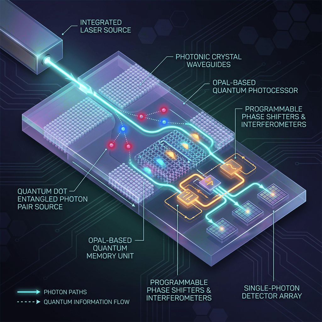 Integrated quantum photonic chip with laser source, photonic crystal waveguides, quantum dot photon source, quantum memory, phase shifters, and photon detectors