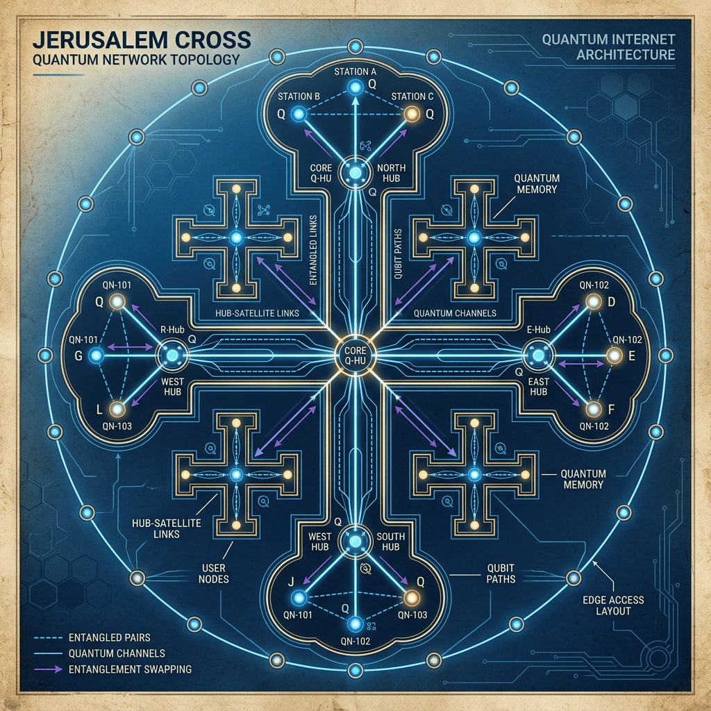 Jerusalem Cross quantum network topology with core Q-HU, hubs, quantum channels, entangled pairs, and quantum memory.