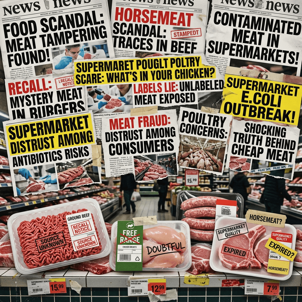Supermarket meat packages with labels indicating recalls, doubts, and suspicions of contamination and fraud, surrounded by newspaper headlines about meat safety scandals.