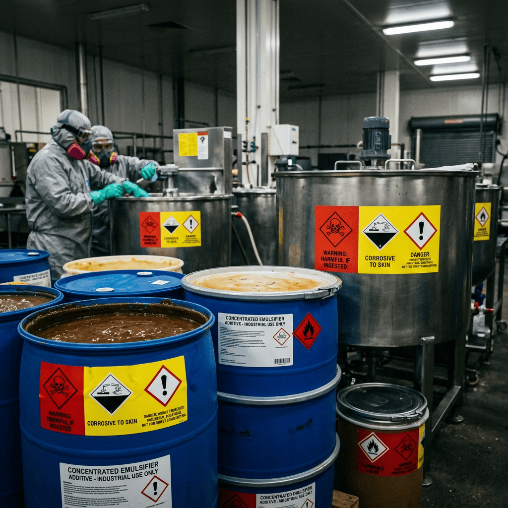 Two workers in protective suits and respirators handling chemical barrels labeled as corrosive and hazardous