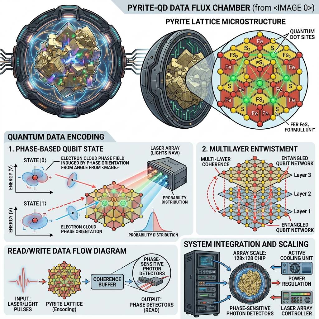 Diagram of pyrite lattice microstructure and quantum data encoding with phase-based qubit states and multilayer entwisted qubit networks
