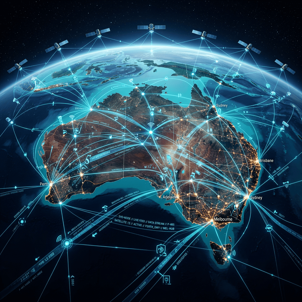 Map of Australia with glowing network lines and satellites showing communication links