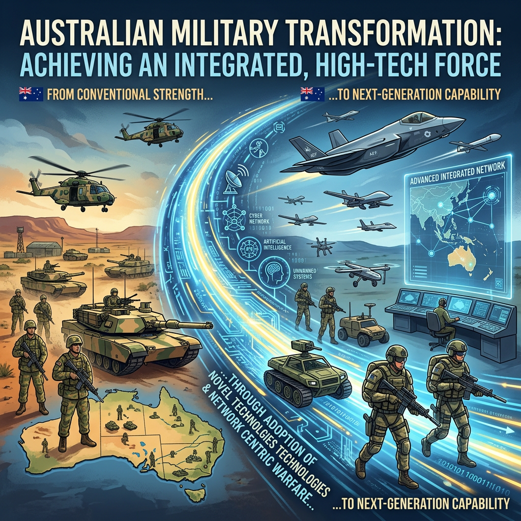 Illustration showing Australian military transformation from conventional tanks and helicopters to advanced drones, AI systems, and integrated networks