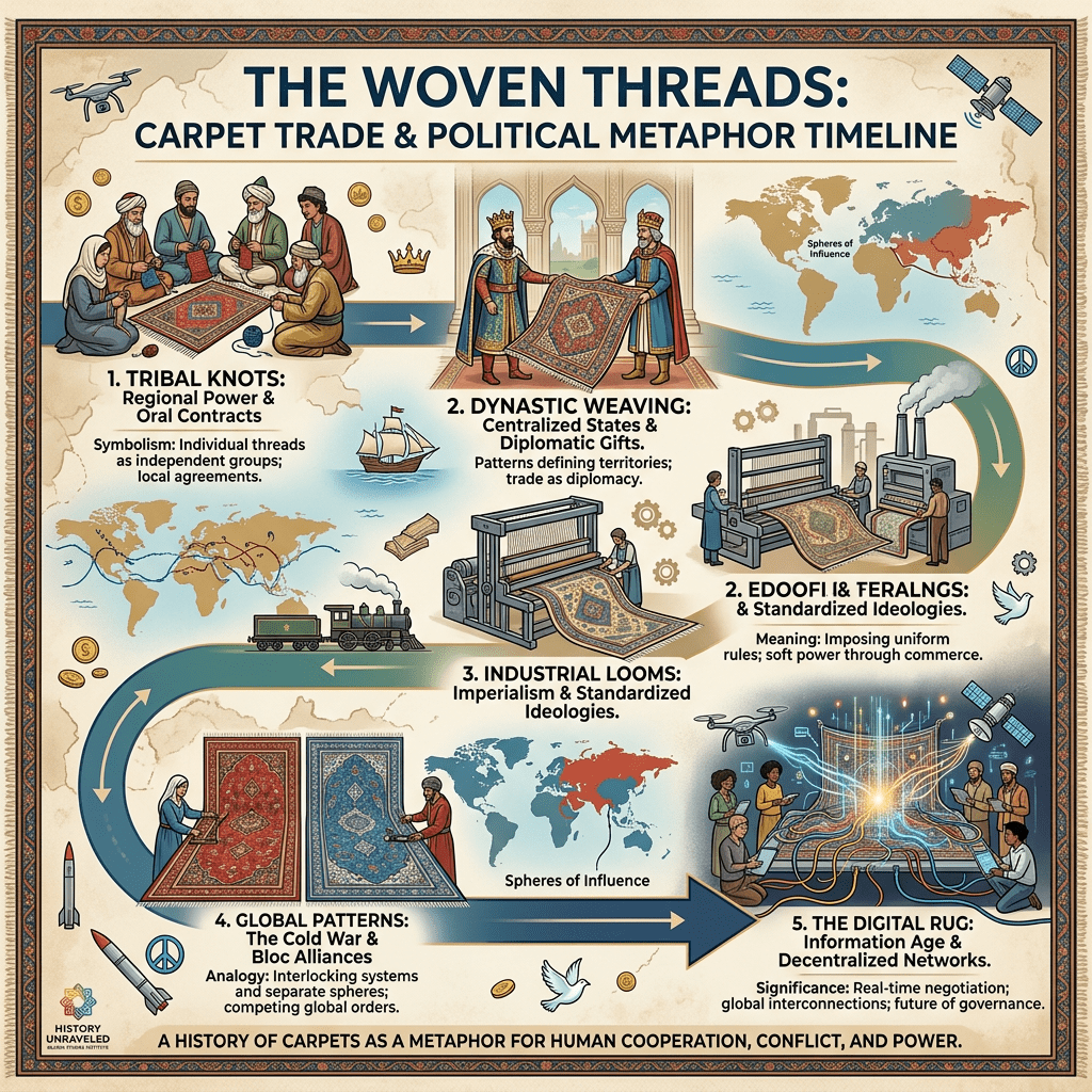 Timeline infographic depicting the evolution of carpet trade as a metaphor for political and economic systems across history.