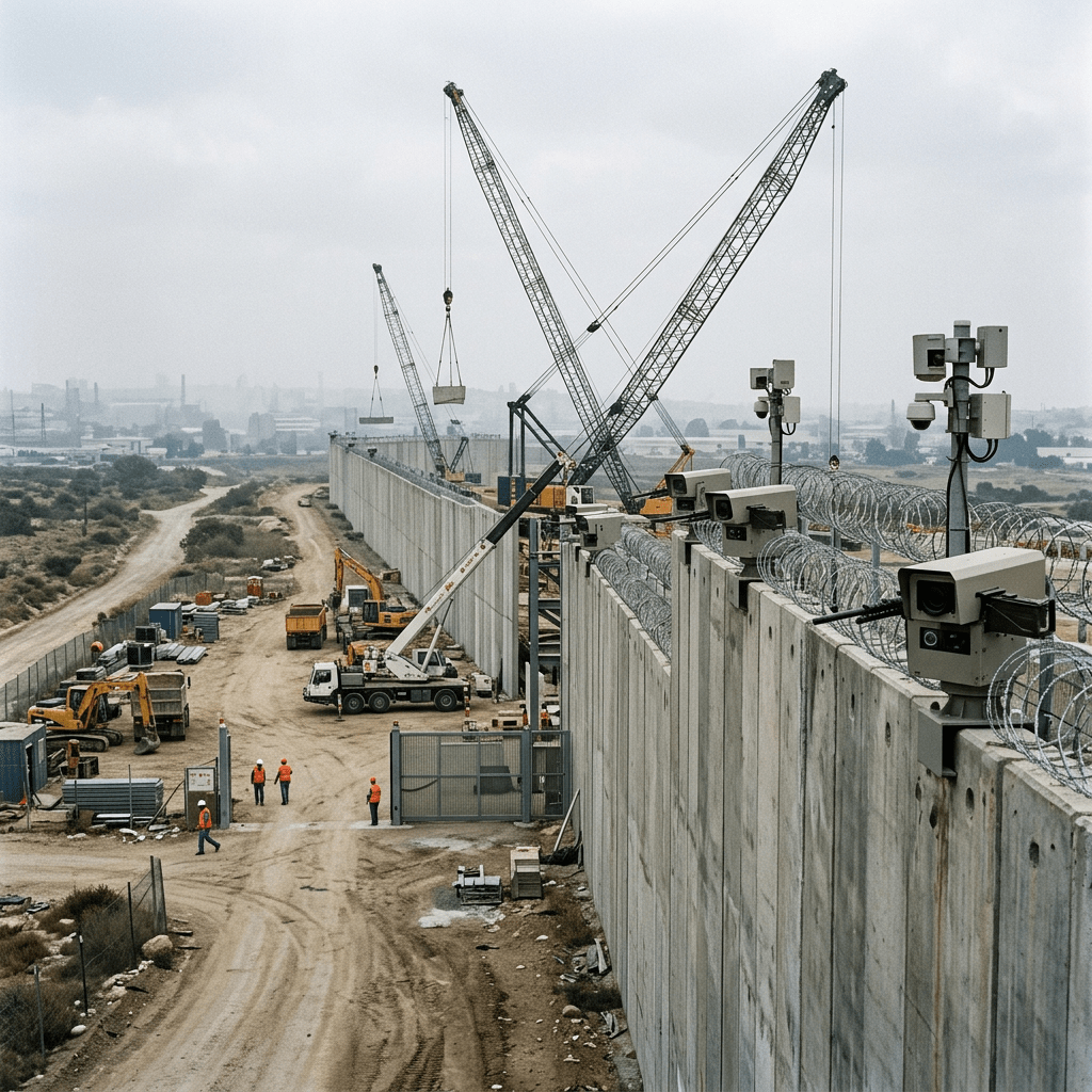 Security cameras mounted on a tall concrete border wall under construction with cranes and workers