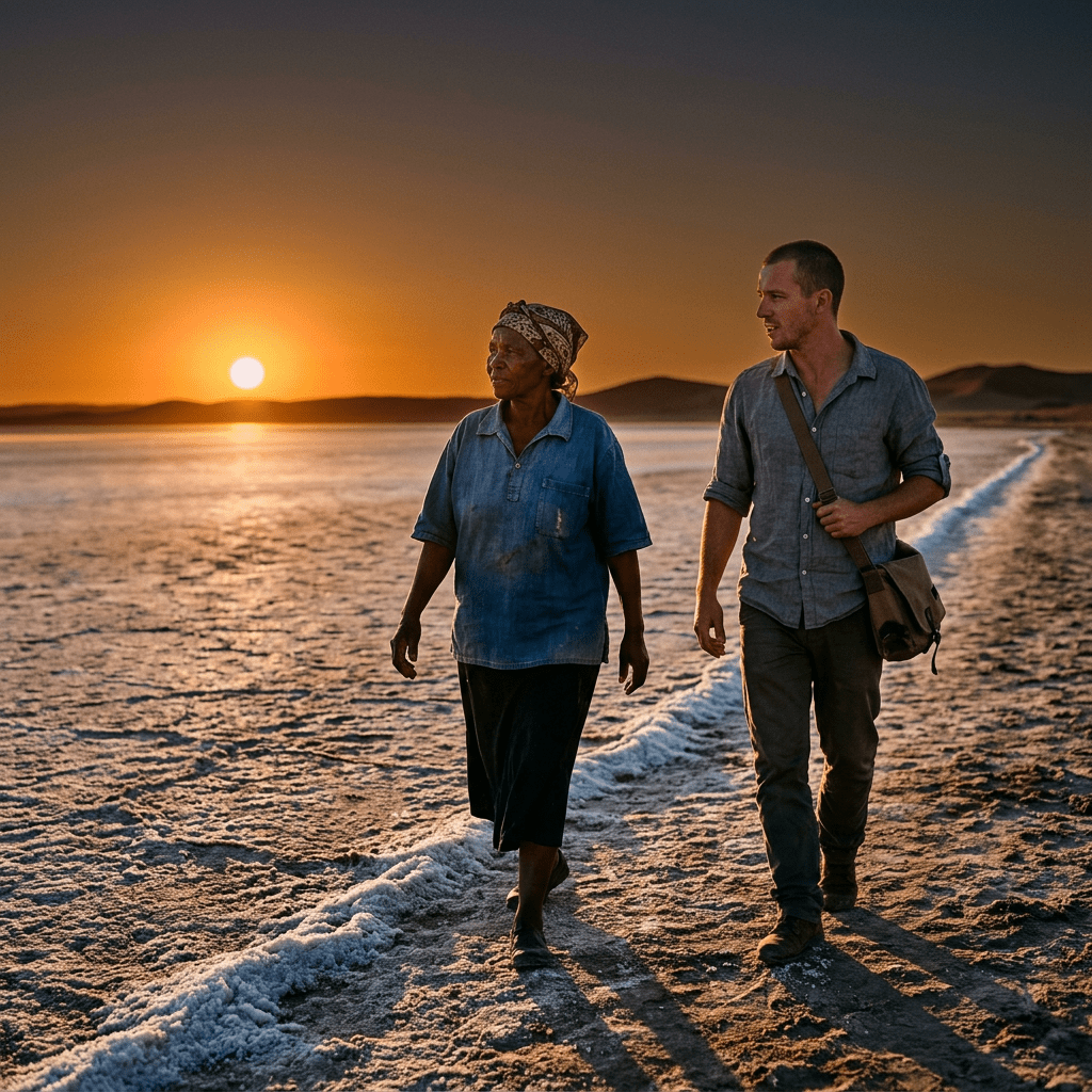 An older woman and a younger man walking on salt flats at sunset