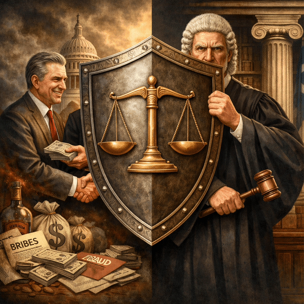 Judge with gavel holding a shield separating corrupt handshake and bribes