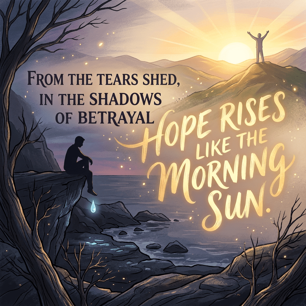 Silhouette of a person sitting on a cliff crying beside text about hope rising like the morning sun