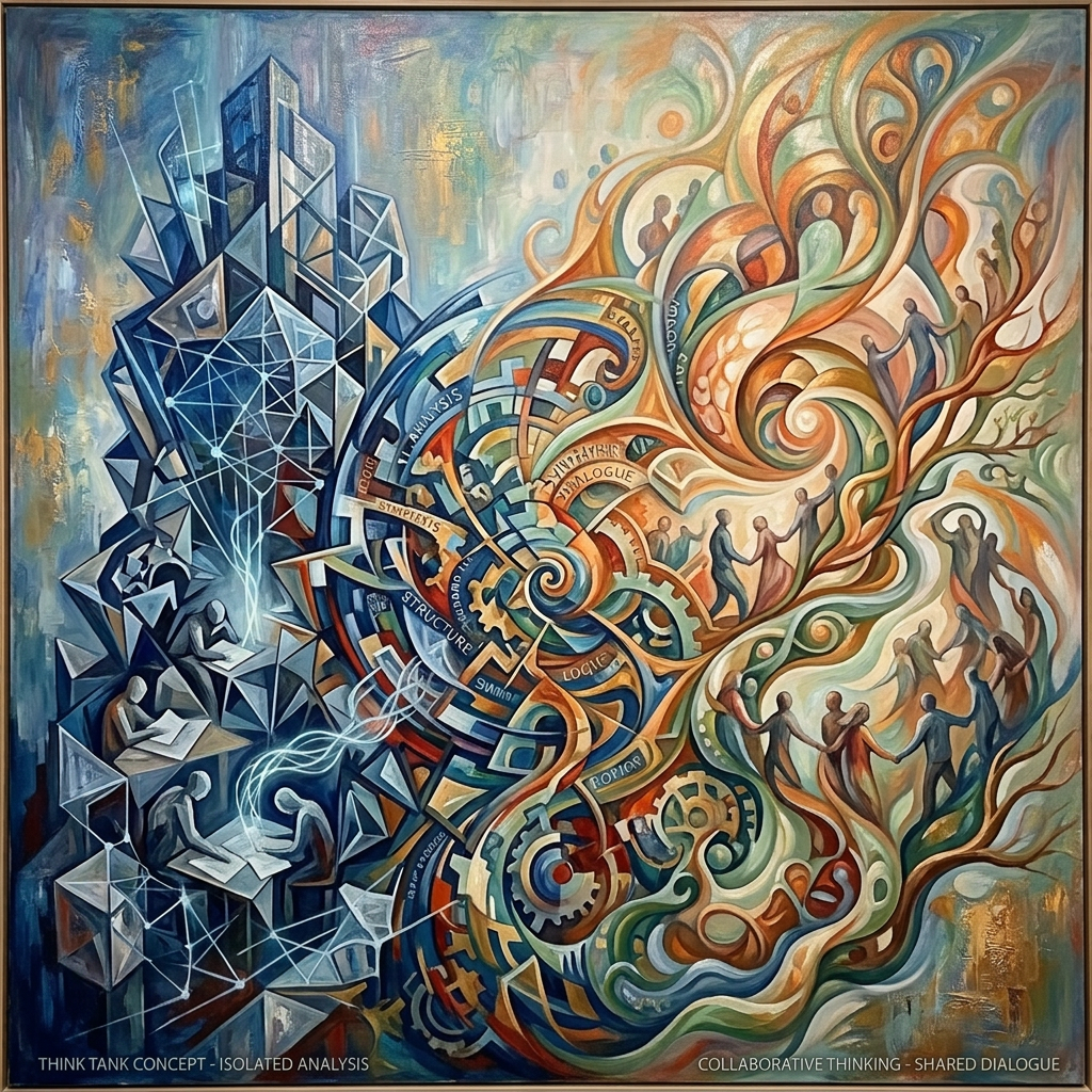 Abstract art showing isolated individuals analyzing on the left and connected figures in dialogue on the right