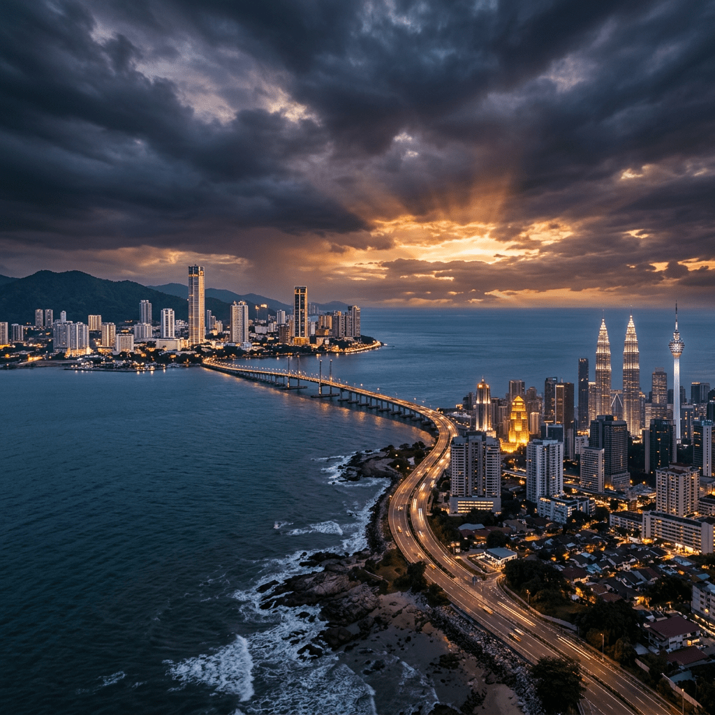 Coastal city skyline with illuminated buildings and a winding bridge at sunset