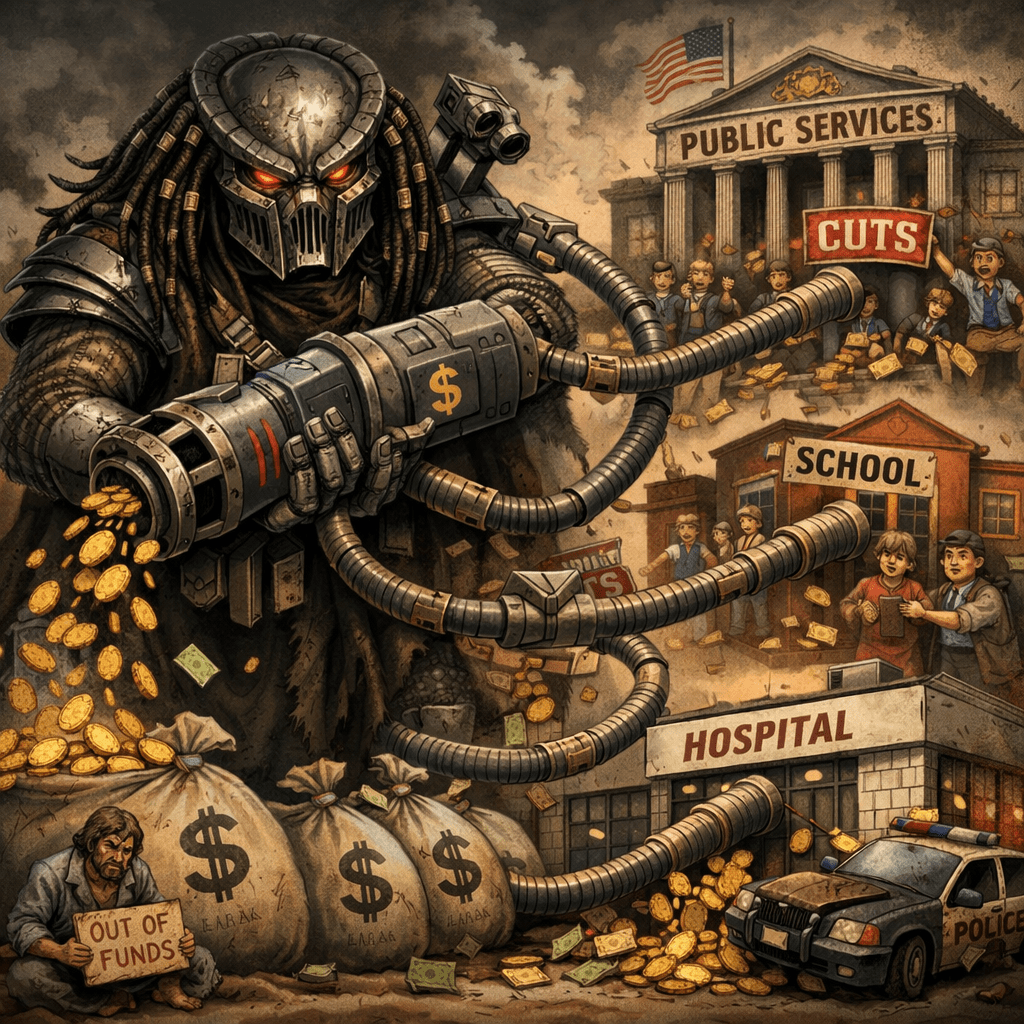 Futuristic armored figure taking money from public services buildings labeled school, hospital, and police.