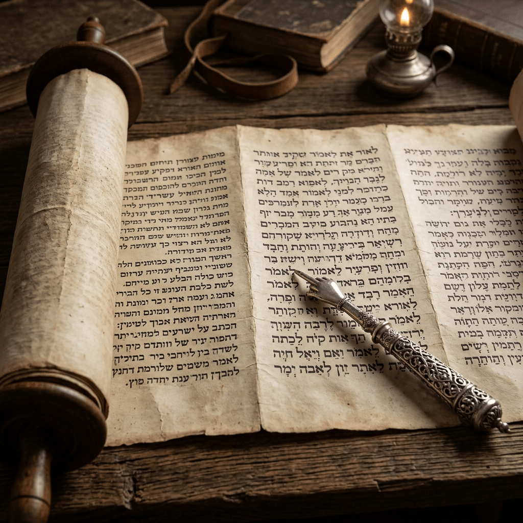 Hebrew Torah scroll with yad pointer and oil lamp on wooden surface