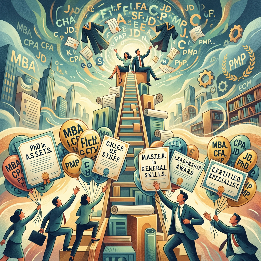 People climbing a ladder with certificates and balloons showing professional degrees and skills