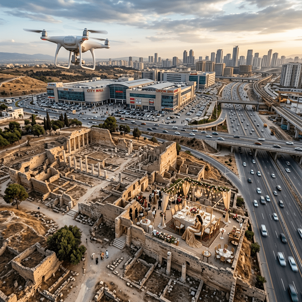 Drone flying near ancient ruins with a decorated rooftop event and city buildings in the distance