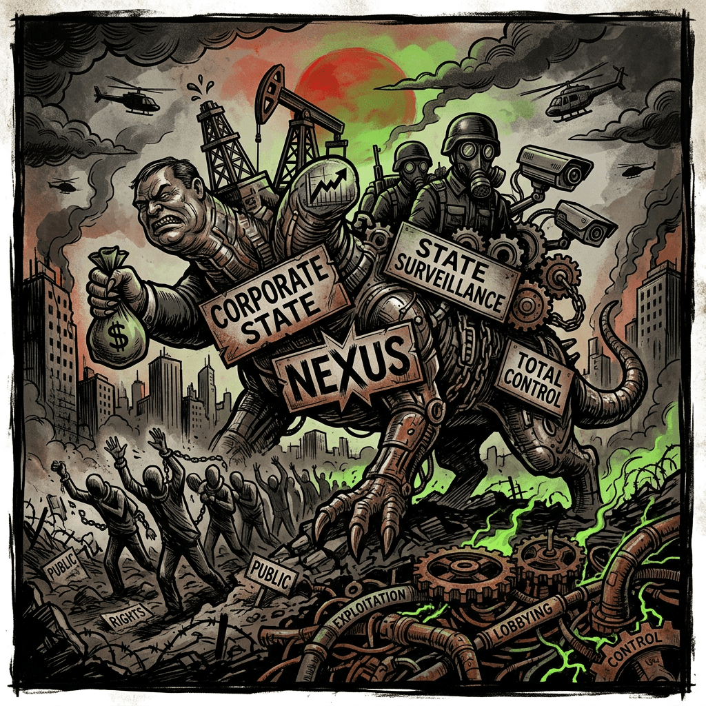A monstrous hybrid of a businessman and soldiers with surveillance cameras, labeled corporate state, state surveillance, nexus, and total control, oppressing chained people