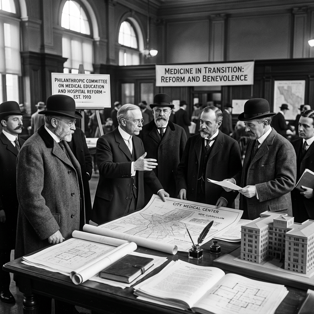Group of men in early 20th-century clothing examining medical center plans and architectural models