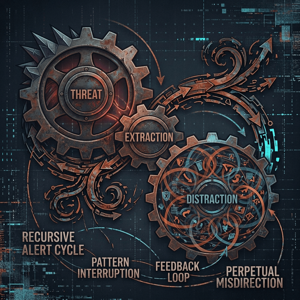 Interconnected rusty gears labeled Threat, Extraction, and Distraction with arrows showing recursive alert cycles and misdirection