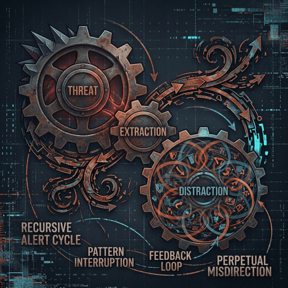 Interconnected rusty gears labeled Threat, Extraction, and Distraction with arrows showing recursive alert cycles and misdirection