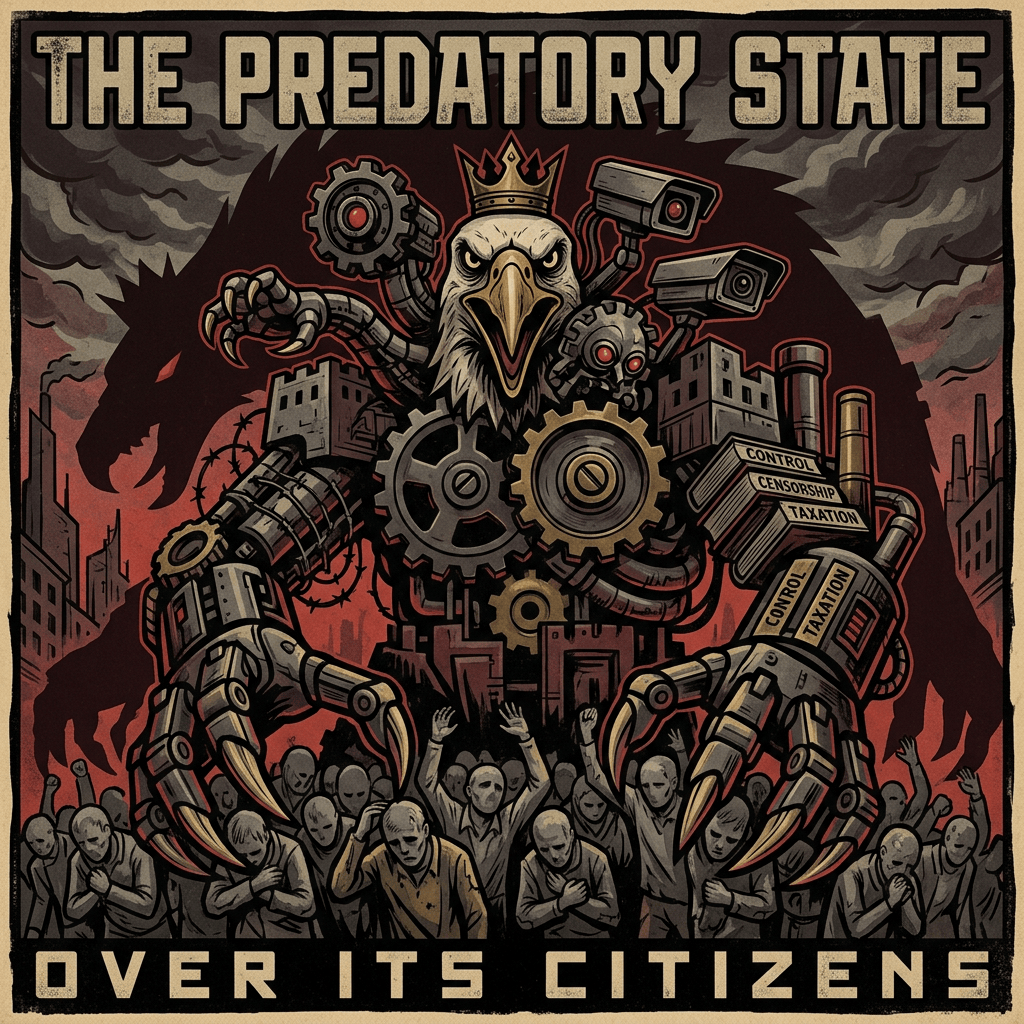 Mechanical eagle with surveillance cameras and gears towering over a crowd of submissive people