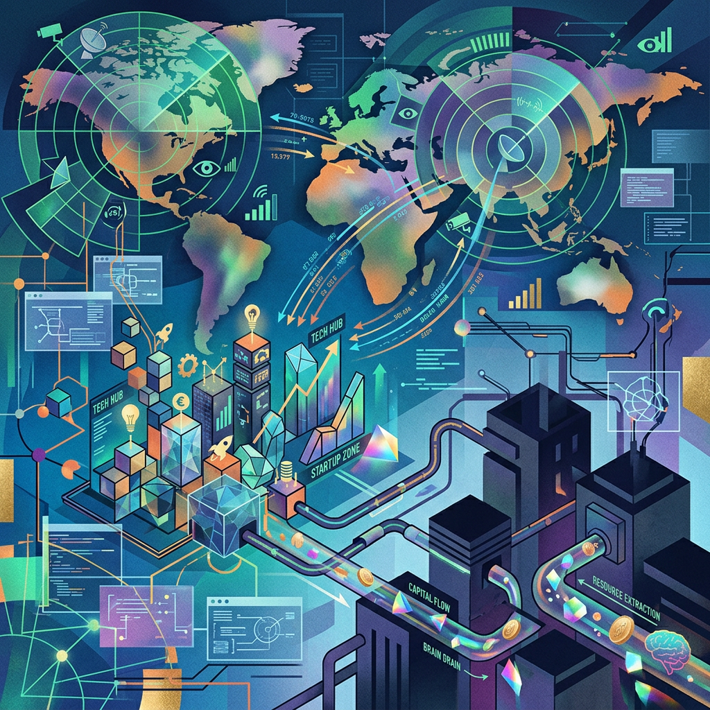 World map with tech hubs, data streams, and resource flows illustrating global technology ecosystem