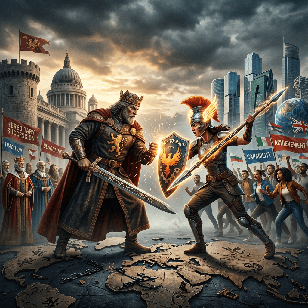 Knight with meritocracy shield and spear facing king with birthright sword in a battle scene