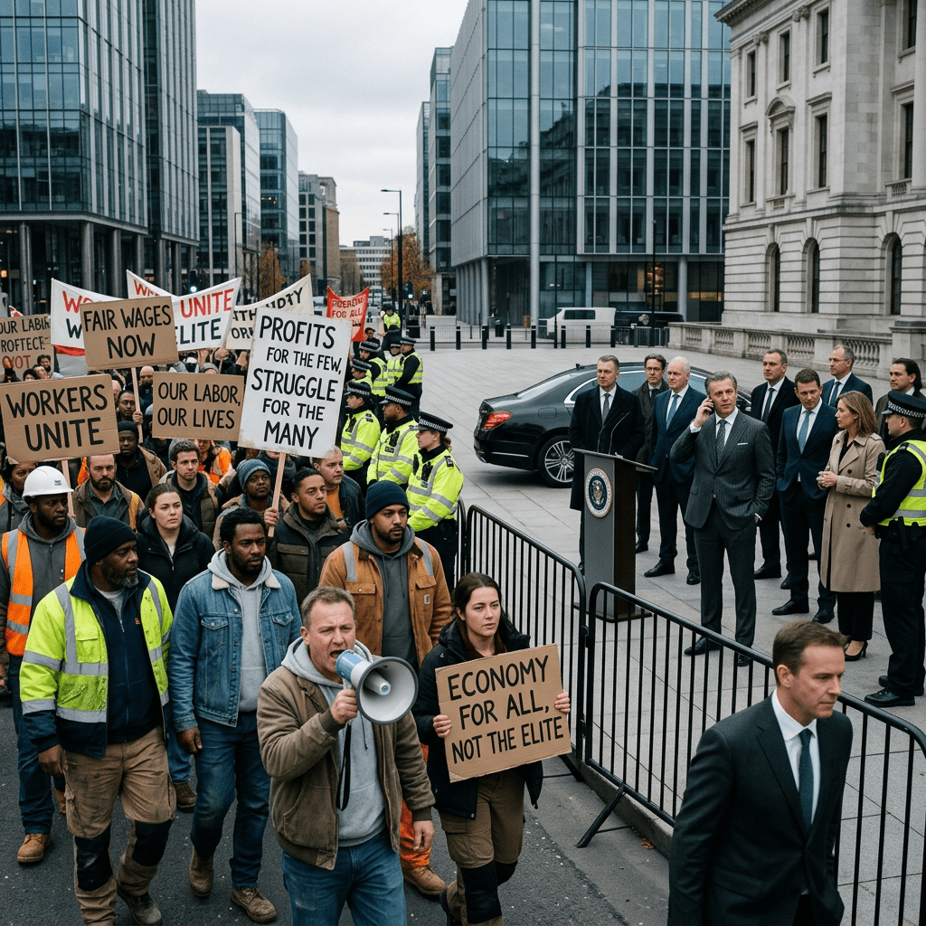 Workers protesting with signs for fair wages and economic justice outside modern office buildings