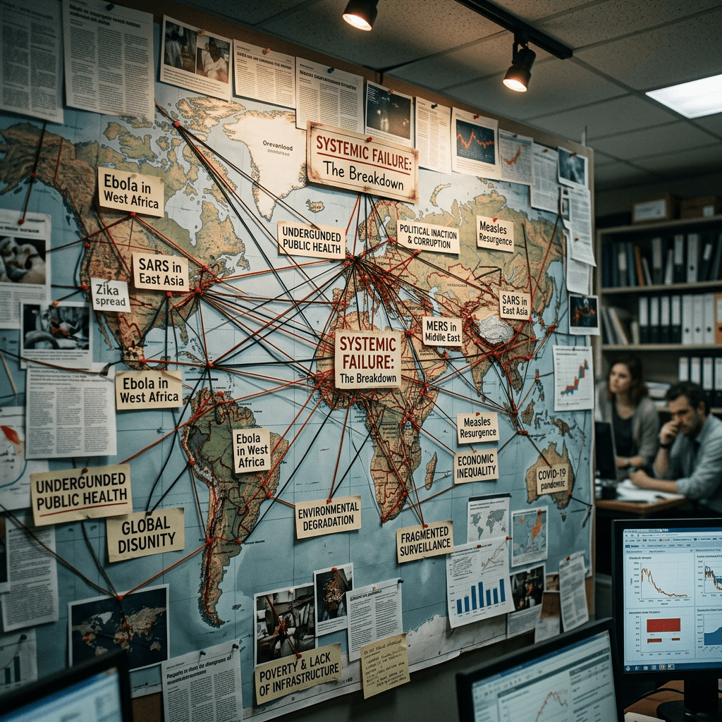 World map with labels showing systemic public health failures and disease outbreaks connected by red strings