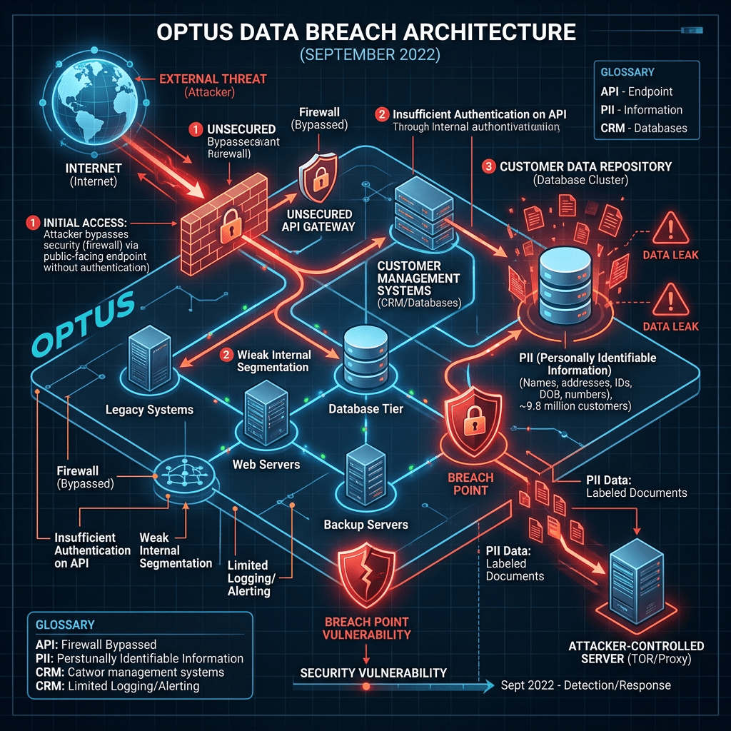 Diagram of Optus data breach architecture showing attack path and vulnerabilities