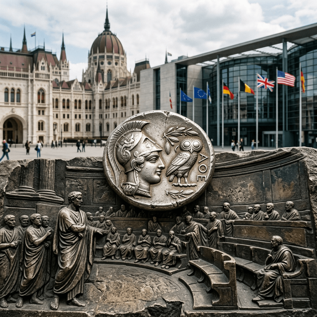 Sculpture of ancient Greek assembly with coin showing Athena and owl, European flags behind