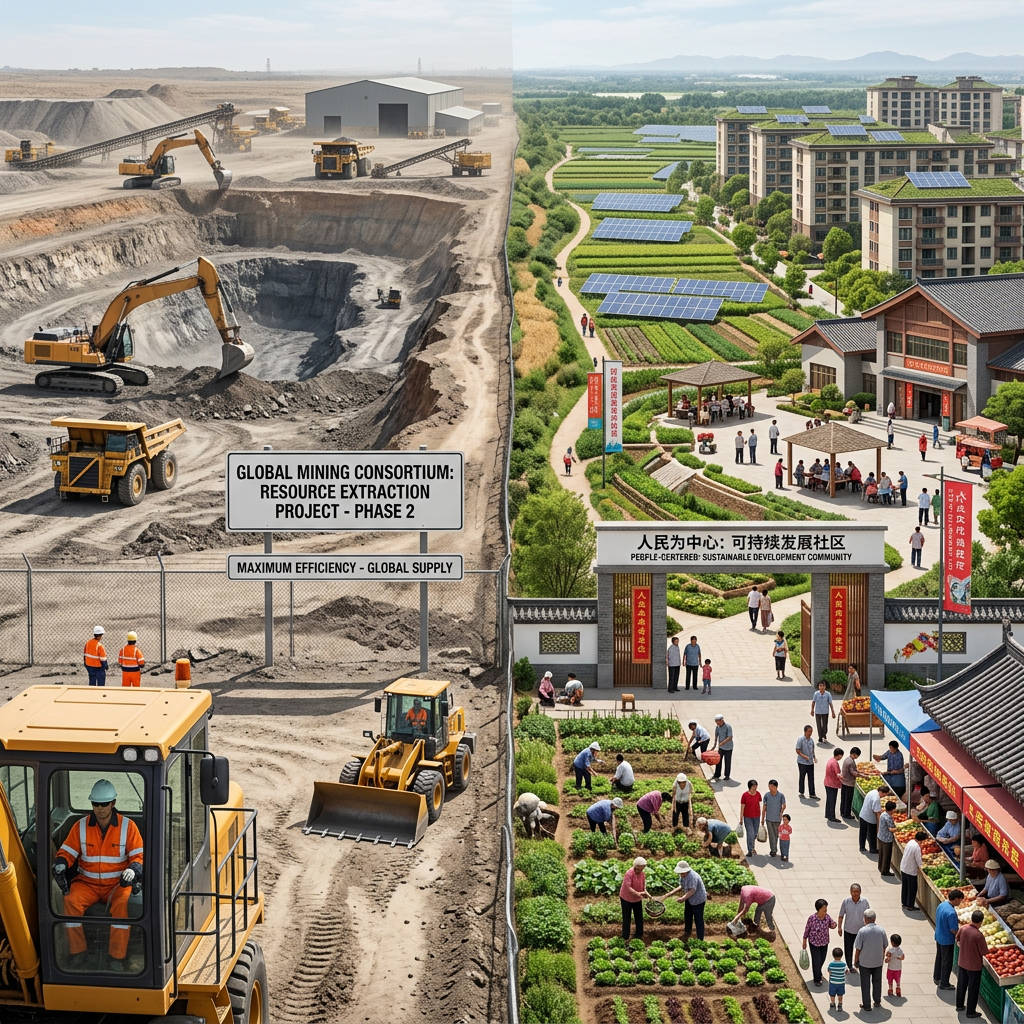 Mining site with heavy machinery next to a sustainable community with solar panels and gardens