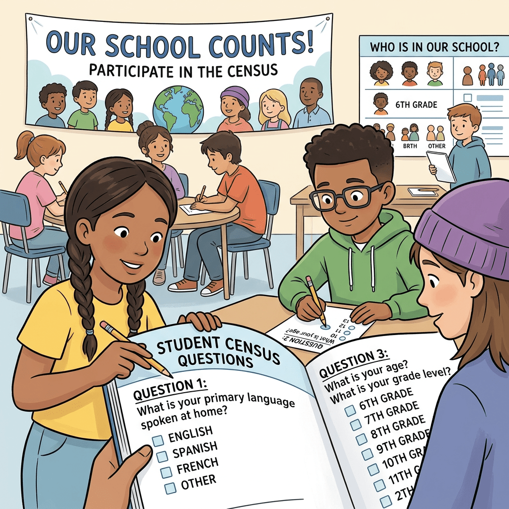 Students completing a school census questionnaire about language and grade level