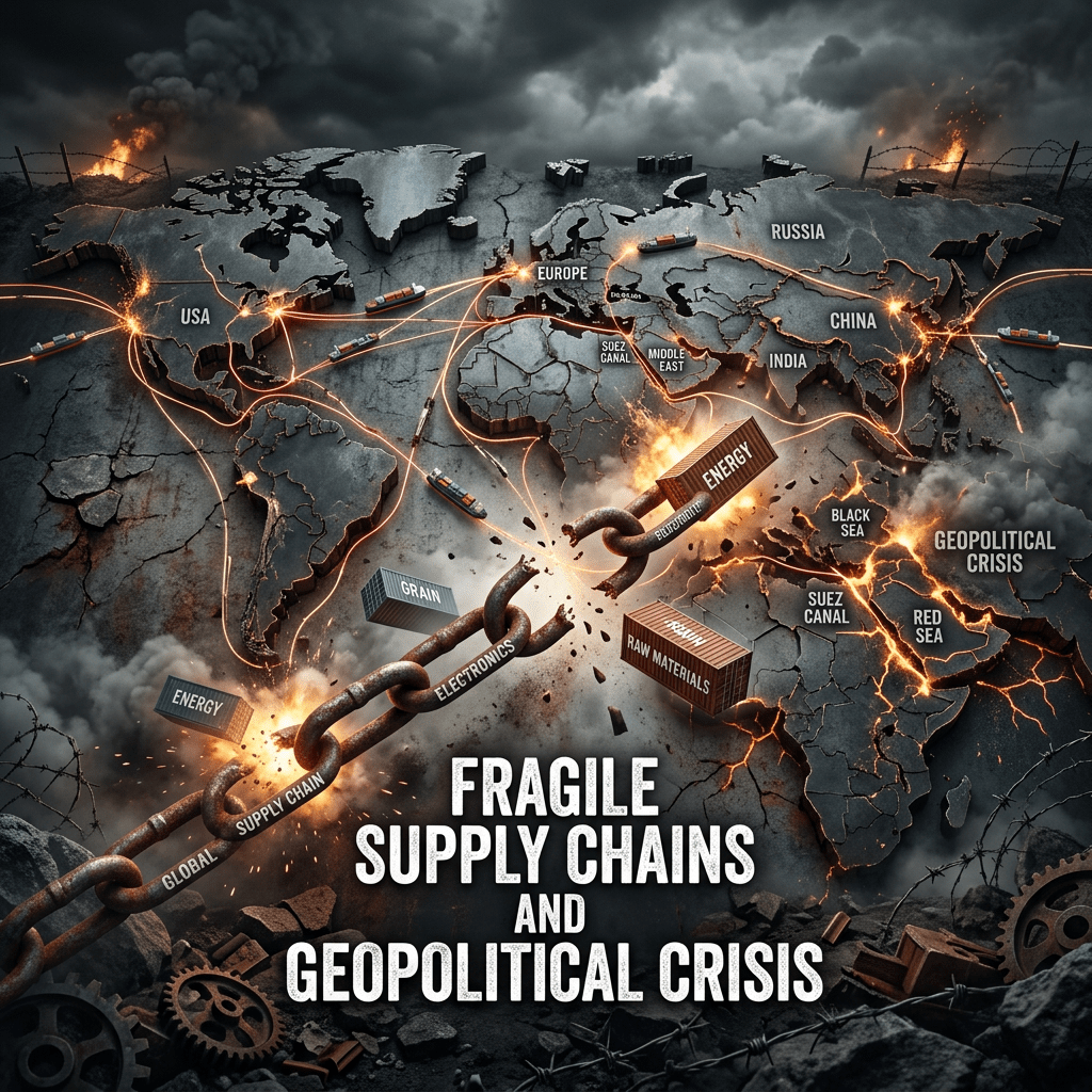 World map showing broken supply chains with containers labeled energy, grain, electronics, and raw materials, highlighting geopolitical crisis areas