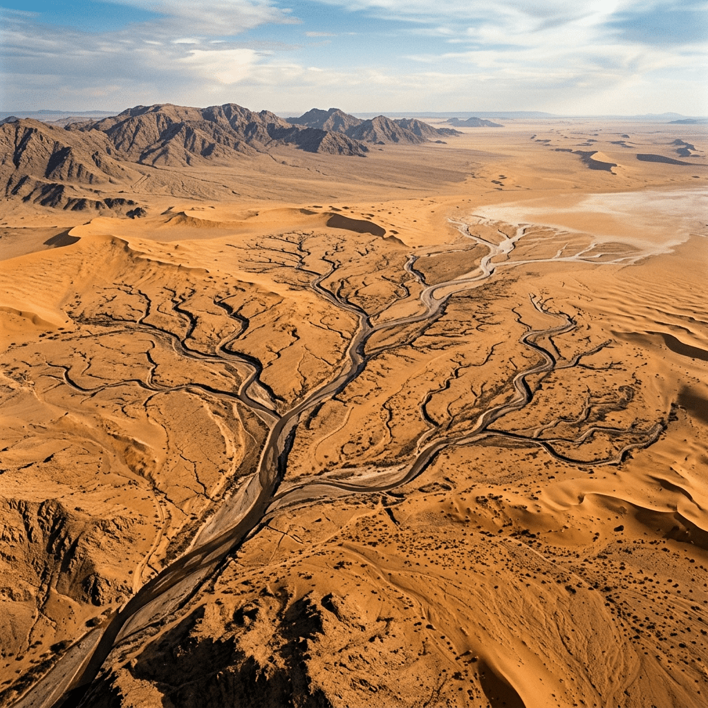 Dry riverbed with branching channels running through sandy desert dunes and mountains in the distance