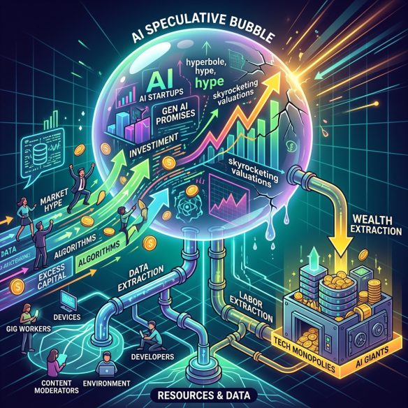 Infographic titled AI Speculative Bubble showing AI startups, hype, investment, skyrocketing valuations, algorithms, data extraction, labor extraction, tech monopolies, AI giants, wealth extraction, resources and data, gig workers, content moderators, developers, environment, devices, and market hype.