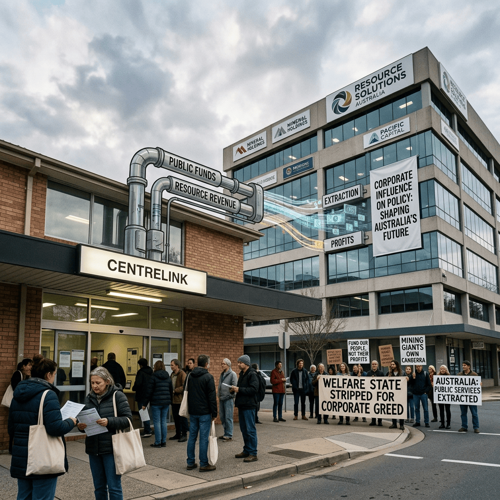 Protesters outside Centrelink hold signs criticizing corporate control of Australia’s public services.