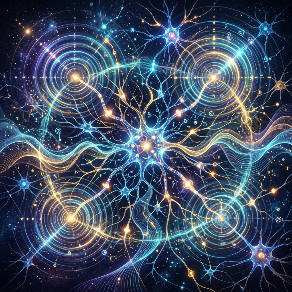 Abstract glowing neurons connected by radiating waves and flowing lines