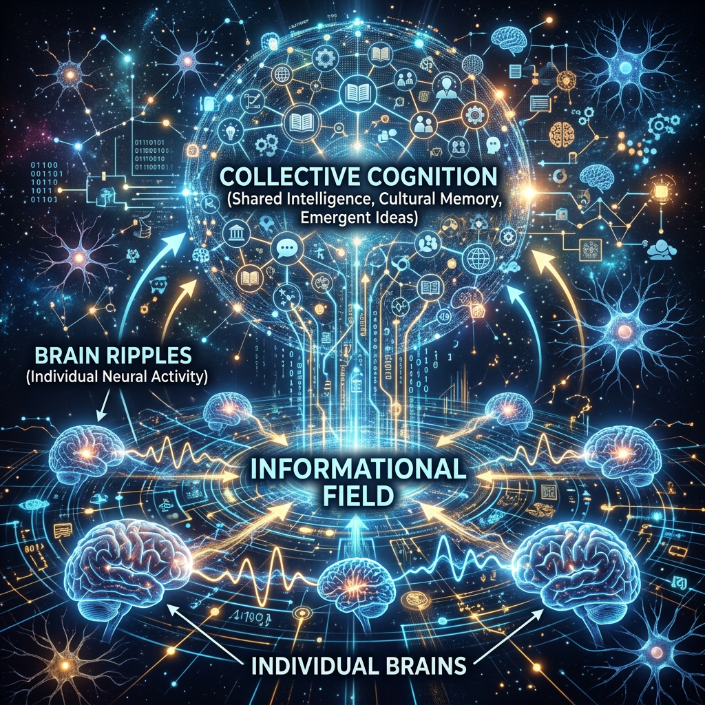 Diagram labeled "COLLECTIVE COGNITION (Shared Intelligence, Cultural Memory, Emergent Ideas)," "BRAIN RIPPLES (Individual Neural Activity)," "INFORMATIONAL FIELD," and "INDIVIDUAL BRAINS," showing brains, neural networks, arrows, data, and interconnected symbols.