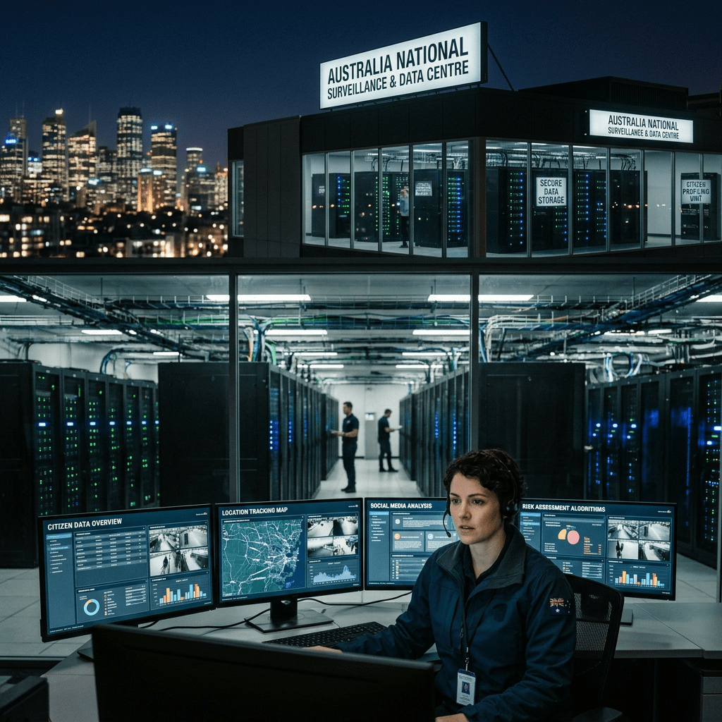Analyst monitoring screens beneath Australian National Surveillance and Data Centre signage