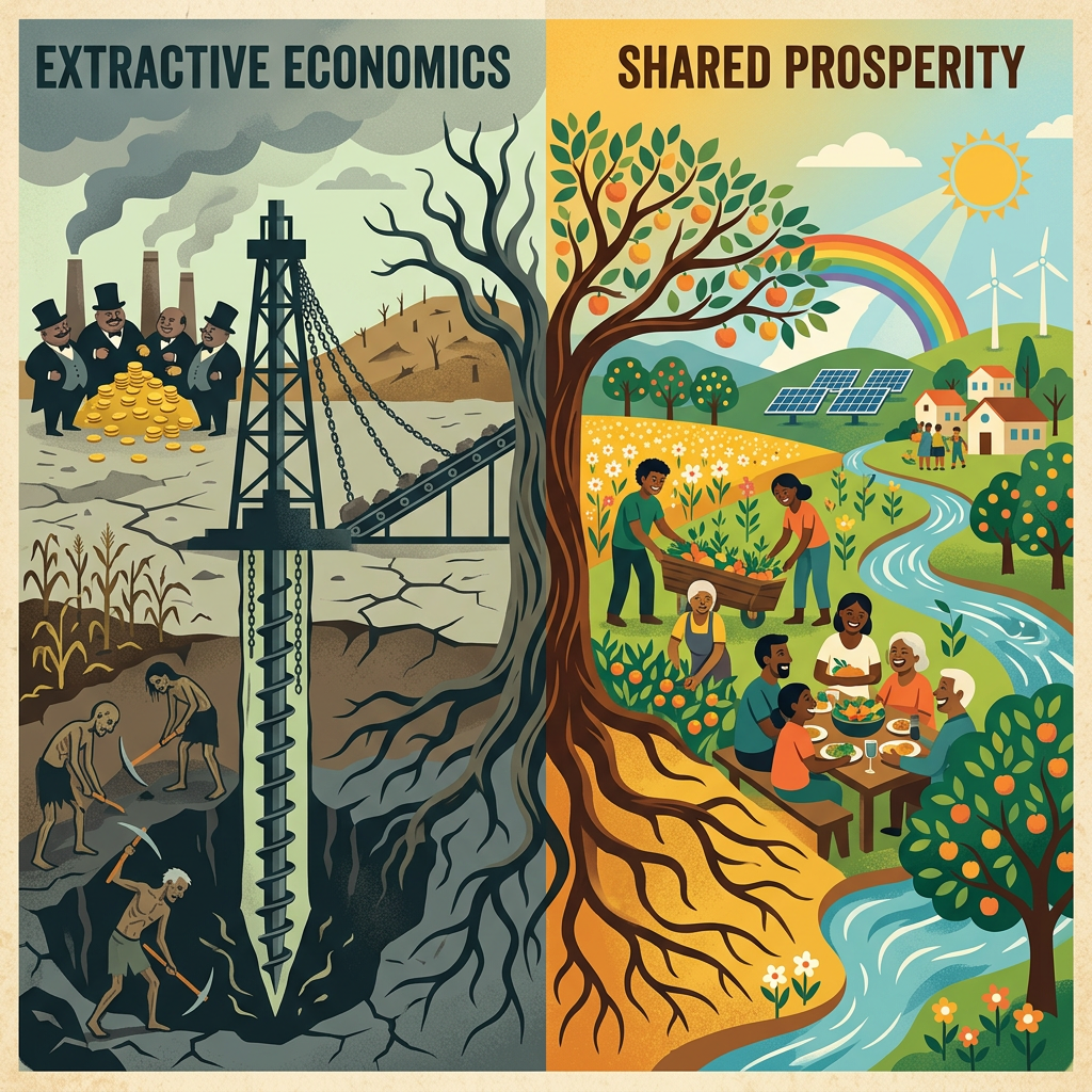 EXTRACTIVE ECONOMICS contrasts with SHARED PROSPERITY