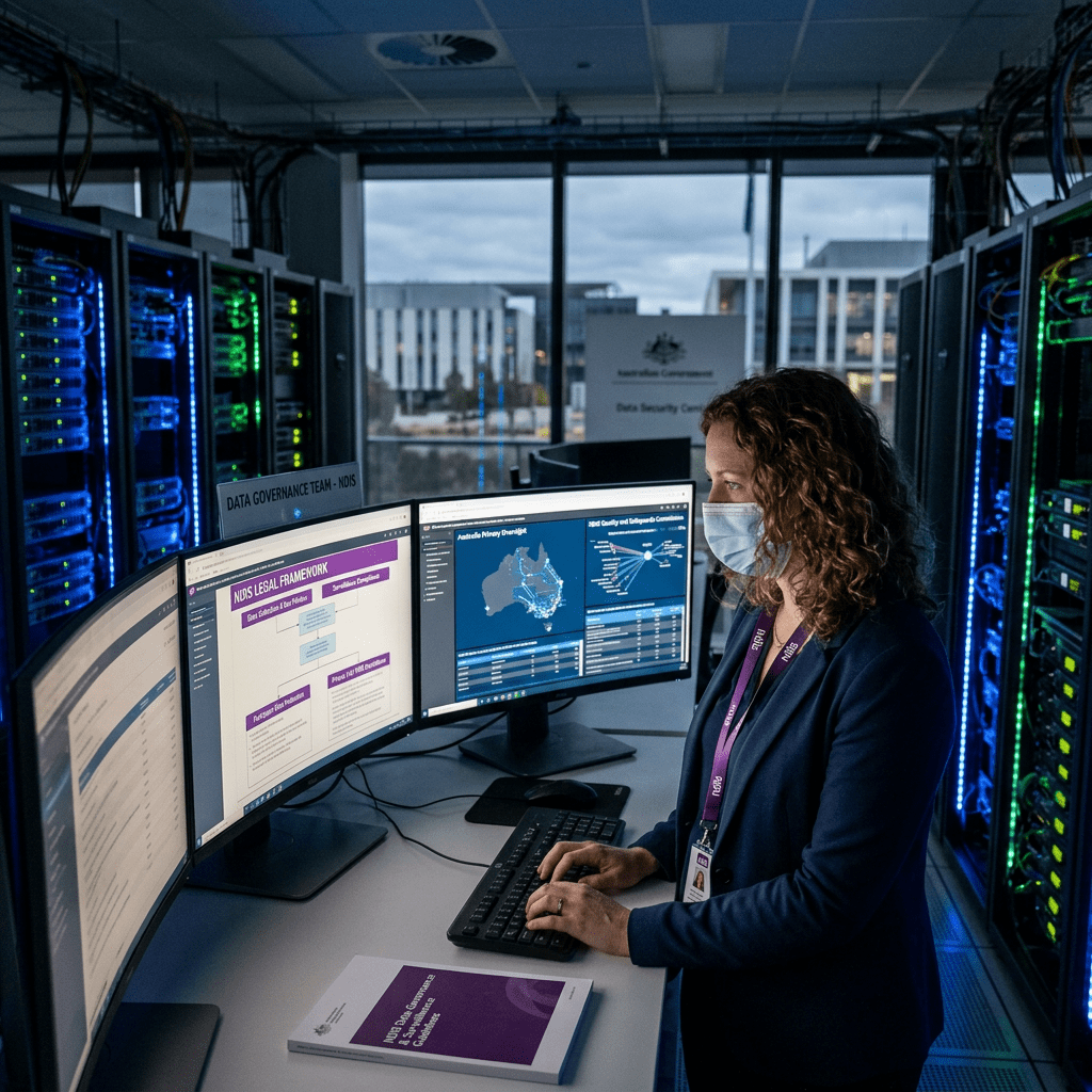 Data security professional reviewing NDIS legal and analytics dashboards in a server room