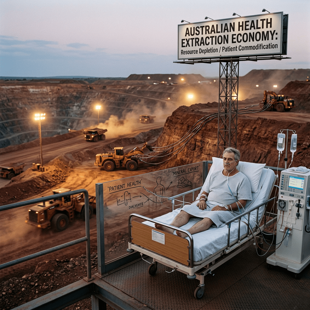 Patient in hospital bed at mine; billboard reads “Australian Health Extraction Economy: Resource Depletion / Patient Commodification.”